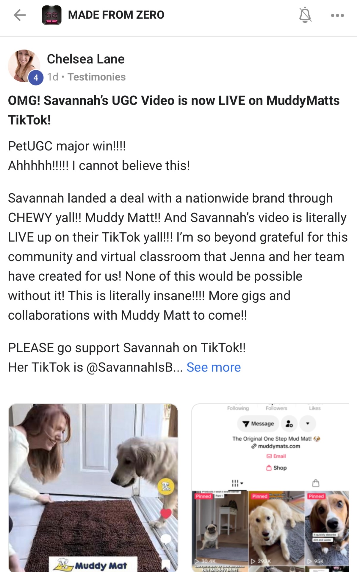 Chelsea Lane — Landed a Chewy / Muddy Mat deal — video LIVE on their TikTok