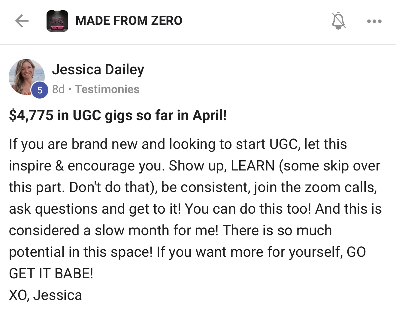 Jessica Dailey — $4,775 in UGC gigs in a single month